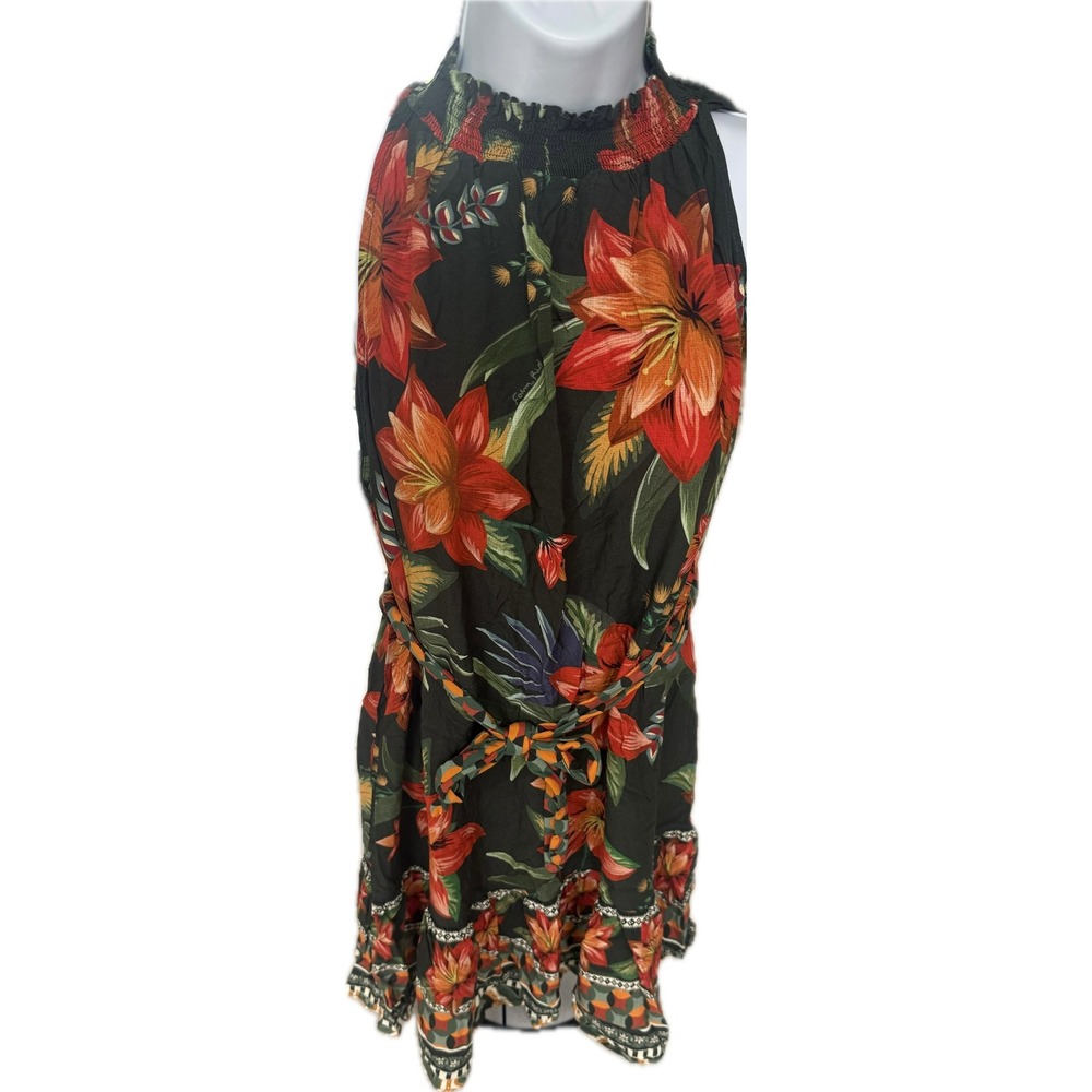Farm Rio Women Tropical Floral Smocked Halter Mini Dress Black Red Green L